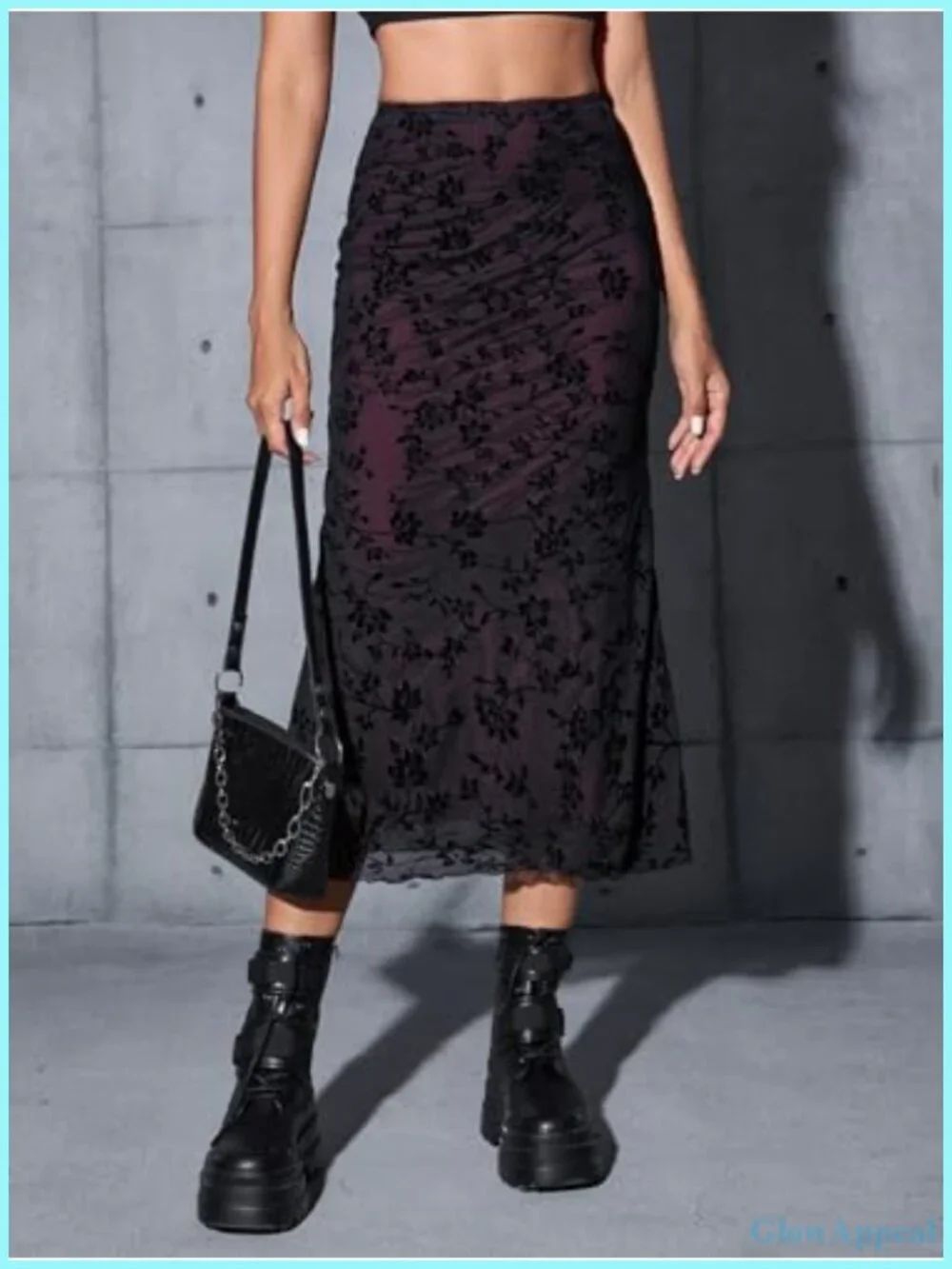 Women's Fishnet High Waisted Bodycon Skirt 90s Y2K Grunge Floral Goth Midi Skirt